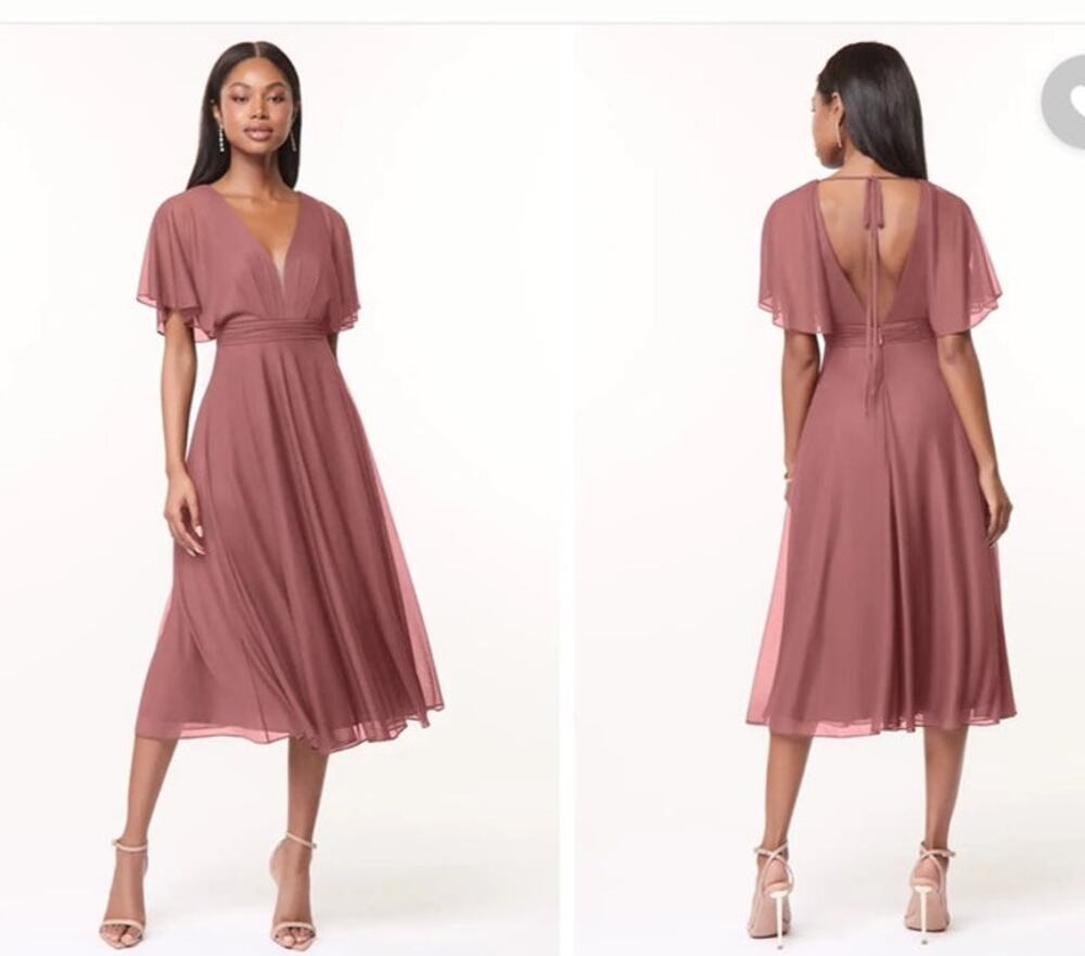 Azazie A Line Ruffle Sleeve Pleated Midi Dress Plus Size 24 Wedding Guest